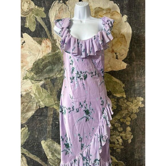 New CINQ À SEPT  Kersti Floral Print Asymmetric Silk Dress Purple Lilac Size 4 - Picture 4 of 8